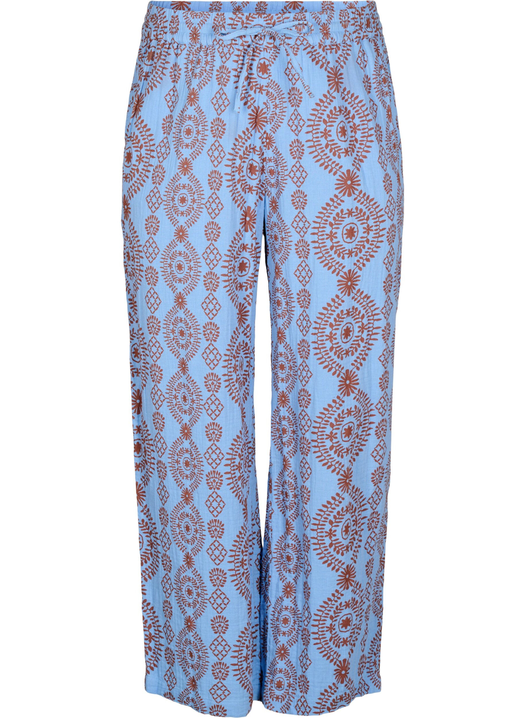 Zizzi Pantalon ample en mousseline de coton &agrave; motif, Bleu Clair, Packshot image number 0
