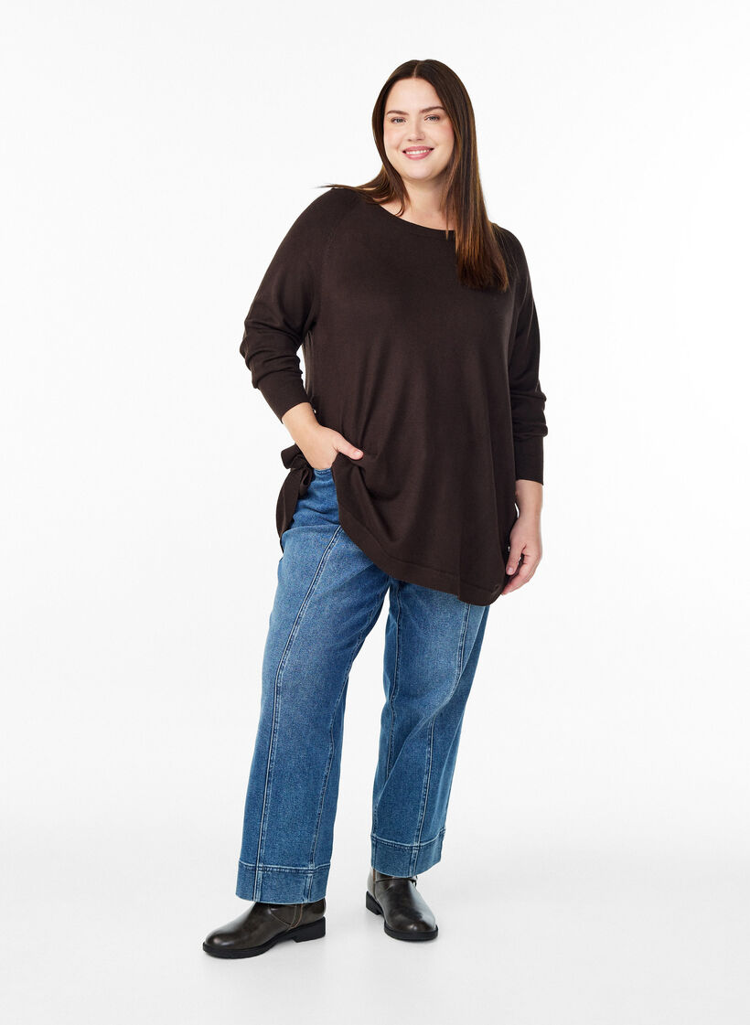 Blouse en maille avec boutons sur le côté, Marron, Model image number 1