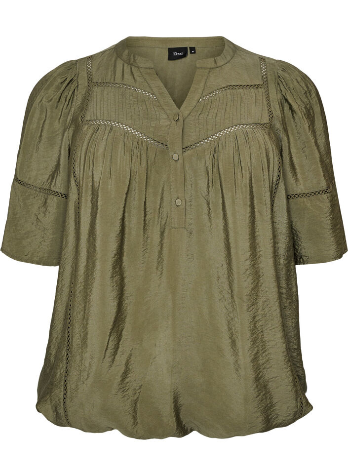 Blouse en viscose avec nervures et effet ballon, Vert Kaki, Packshot image number 0