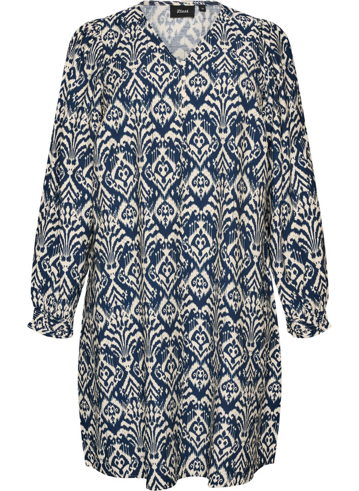 Robe imprim&eacute;e en viscose &agrave; manches longues, Bleu, Packshot image number 0