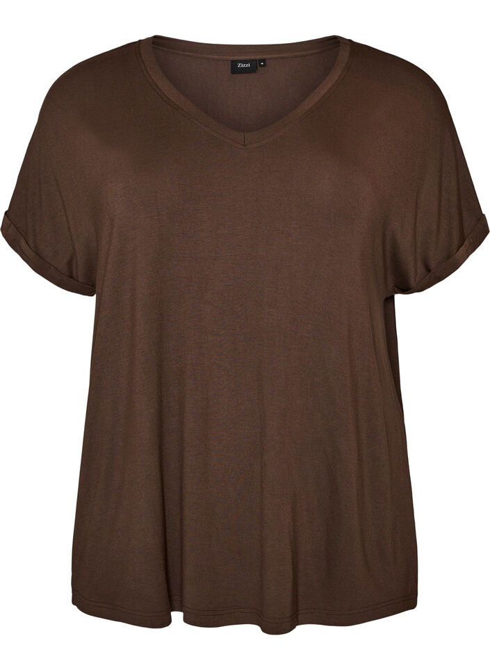 Basic T-shirt col V en viscose, Marron, Packshot image number 0