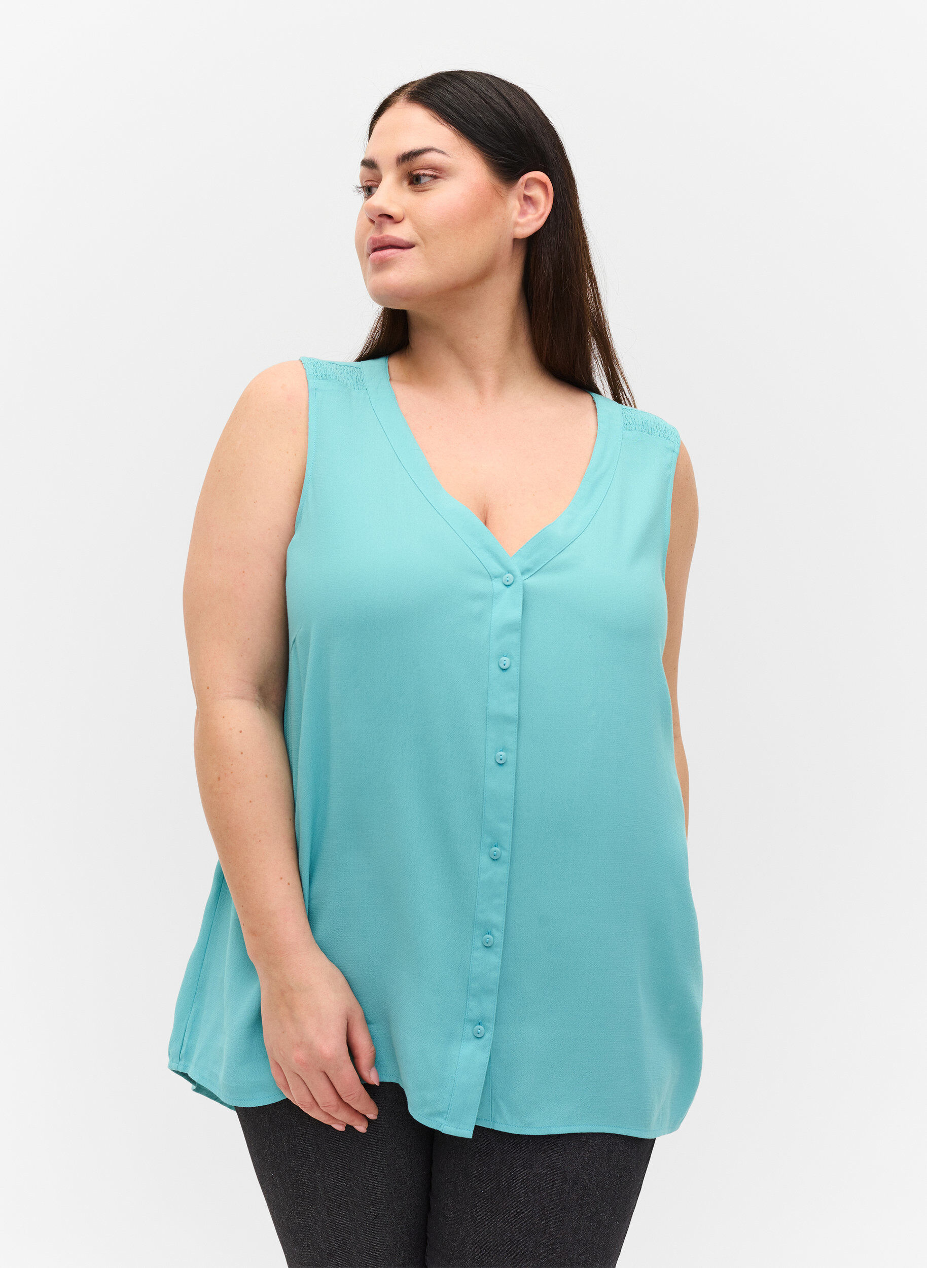 Zizzi Top en viscose imprim&eacute;e avec boutons, Aqua Sea, Model image number 0
