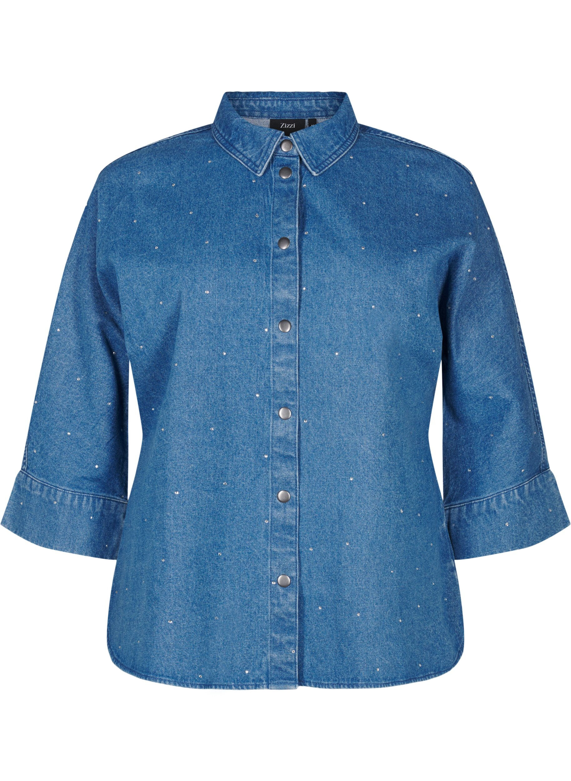 Zizzi Chemise en denim avec strass et manches 3/4, Bl. Denim Rhinestone, Packshot image number 0