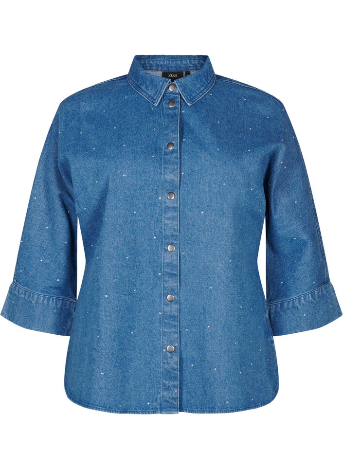 Chemise en denim avec strass et manches 3/4, Bl. Denim Rhinestone, Packshot image number 0