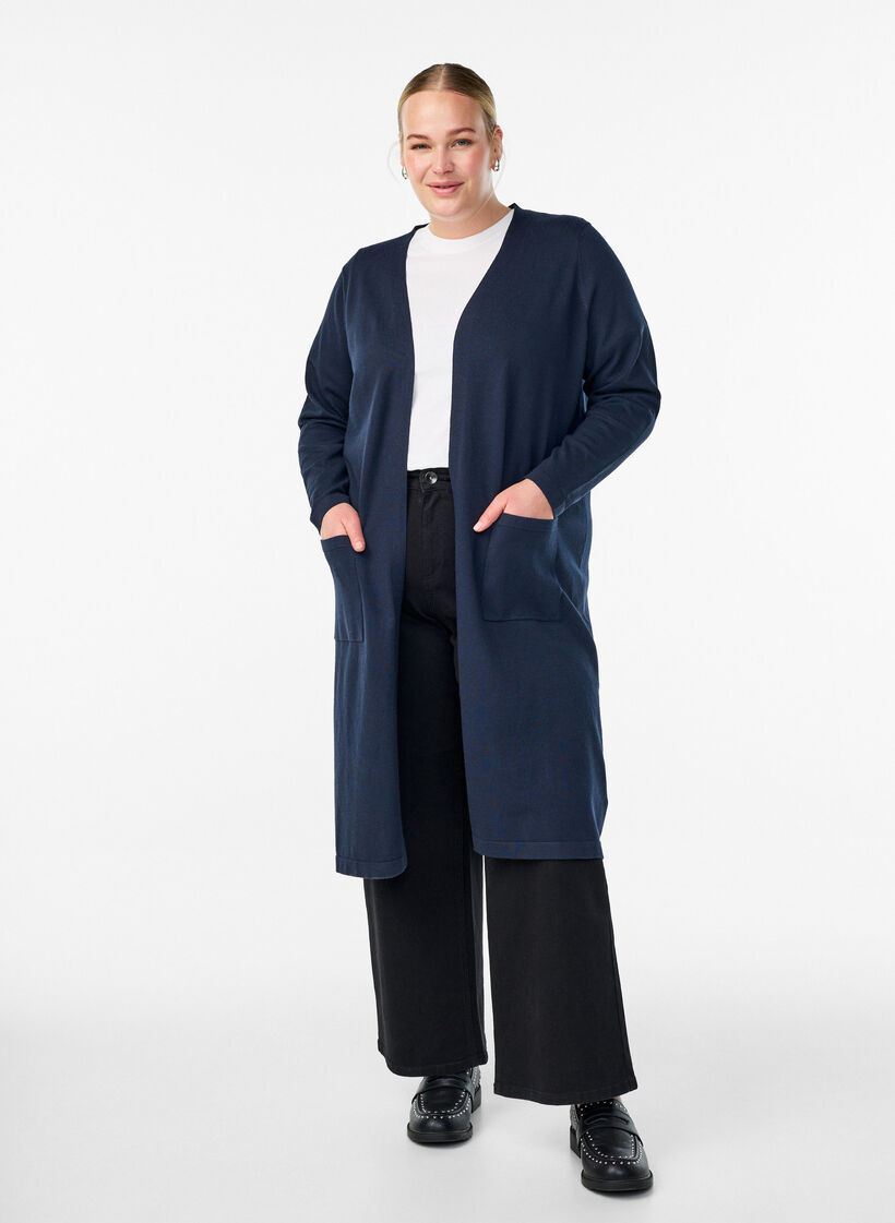 Cardigan long ouvert avec poches, Bleu, Model image number 0