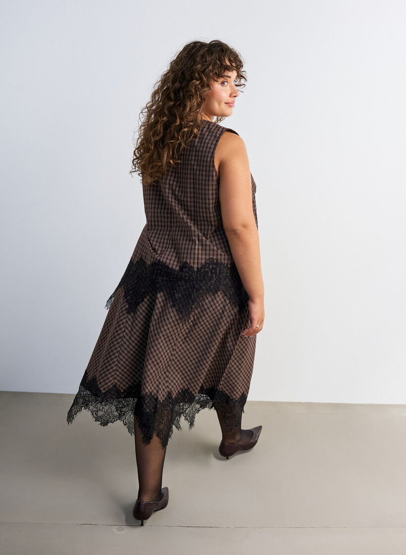 Jupe midi &agrave; carreaux avec bordure en dentelle, Marron, Model
