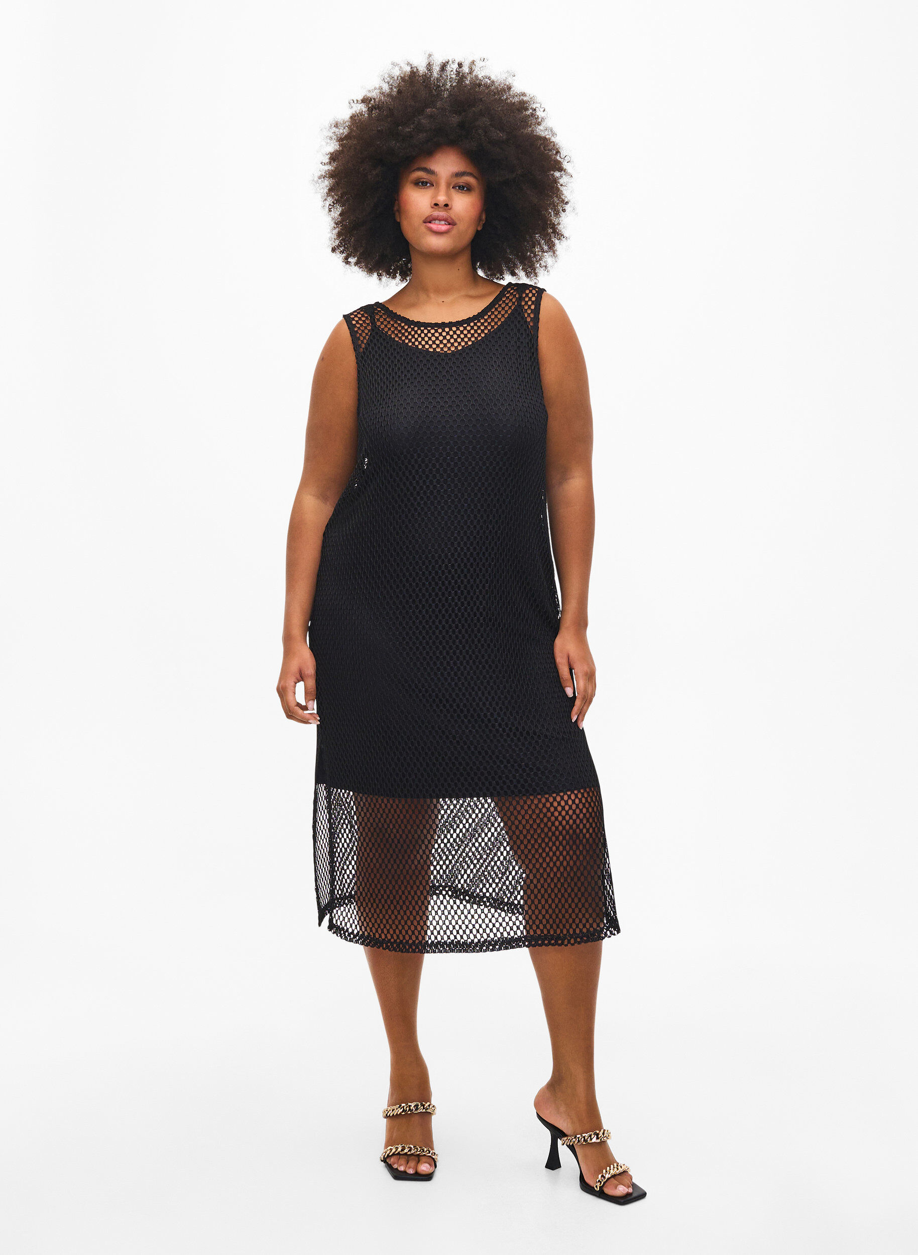 Zizzi Robe fendue sans manches en maille, Black, Model image number 0