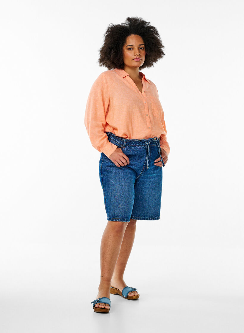 Chemise en lin et viscose avec manches 3/4, Corail, Model image number 1