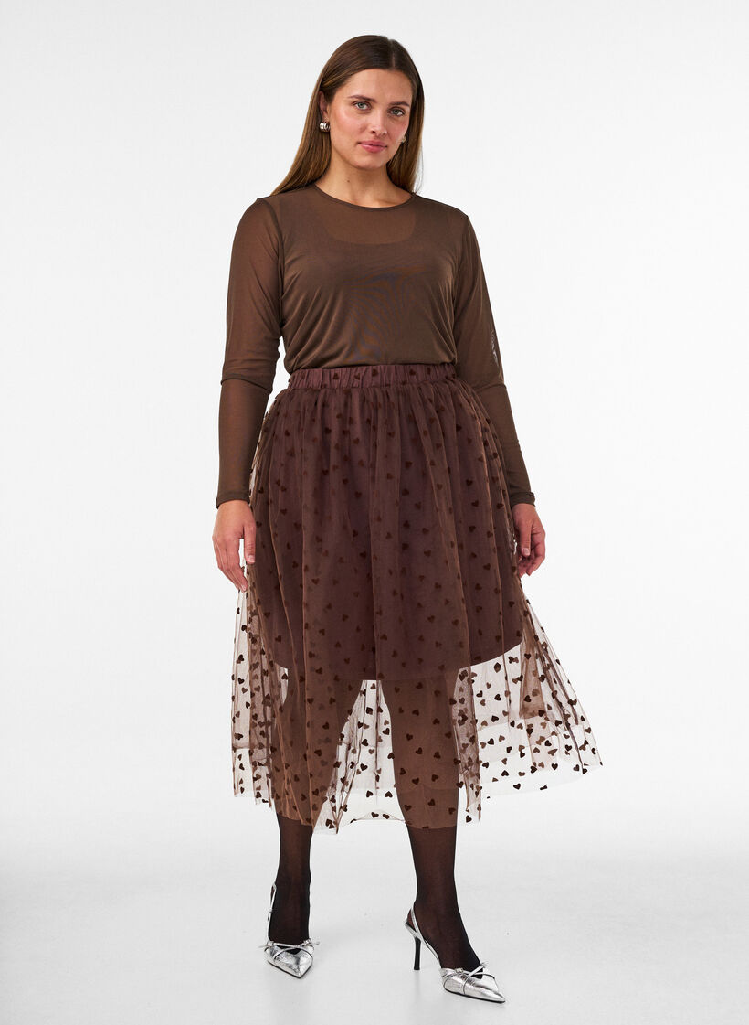 Jupe midi en tulle avec des c&oelig;urs, Marron, Model image number 0