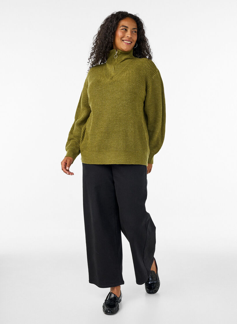 Pull en tricot avec col haut et fermeture &eacute;clair, Vert, Model image number 1