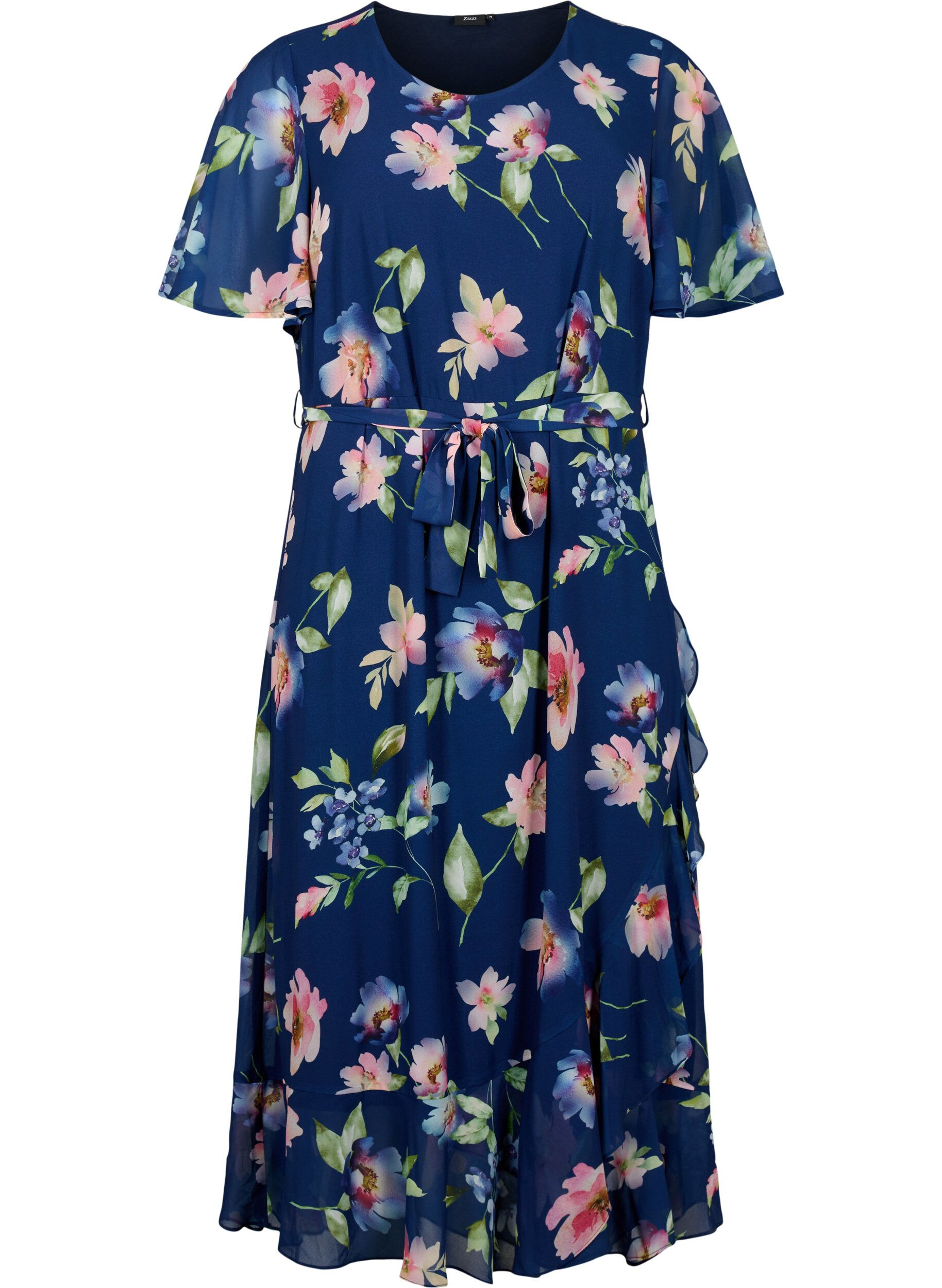 Zizzi Robe midi &agrave; manches courtes et imprim&eacute; floral, Blueprint Flower AOP, Packshot image number 0