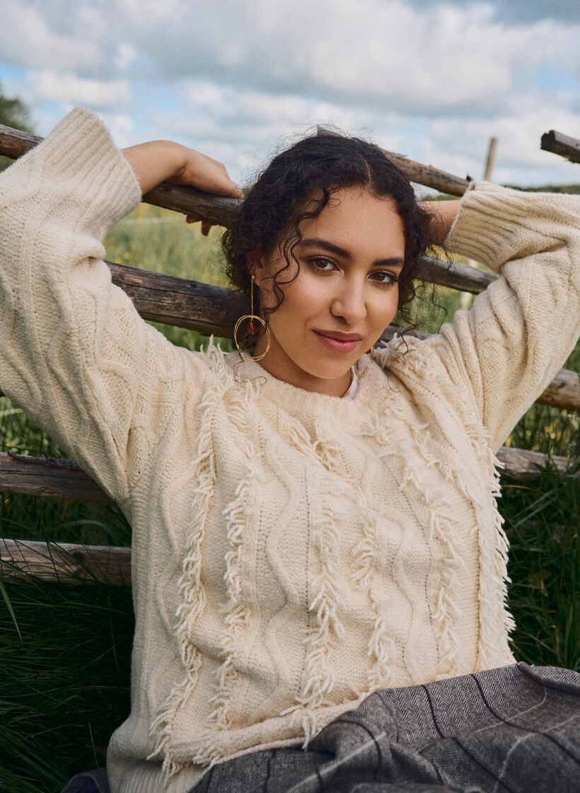 Maille à col rond et motif texturé, Beige, Image