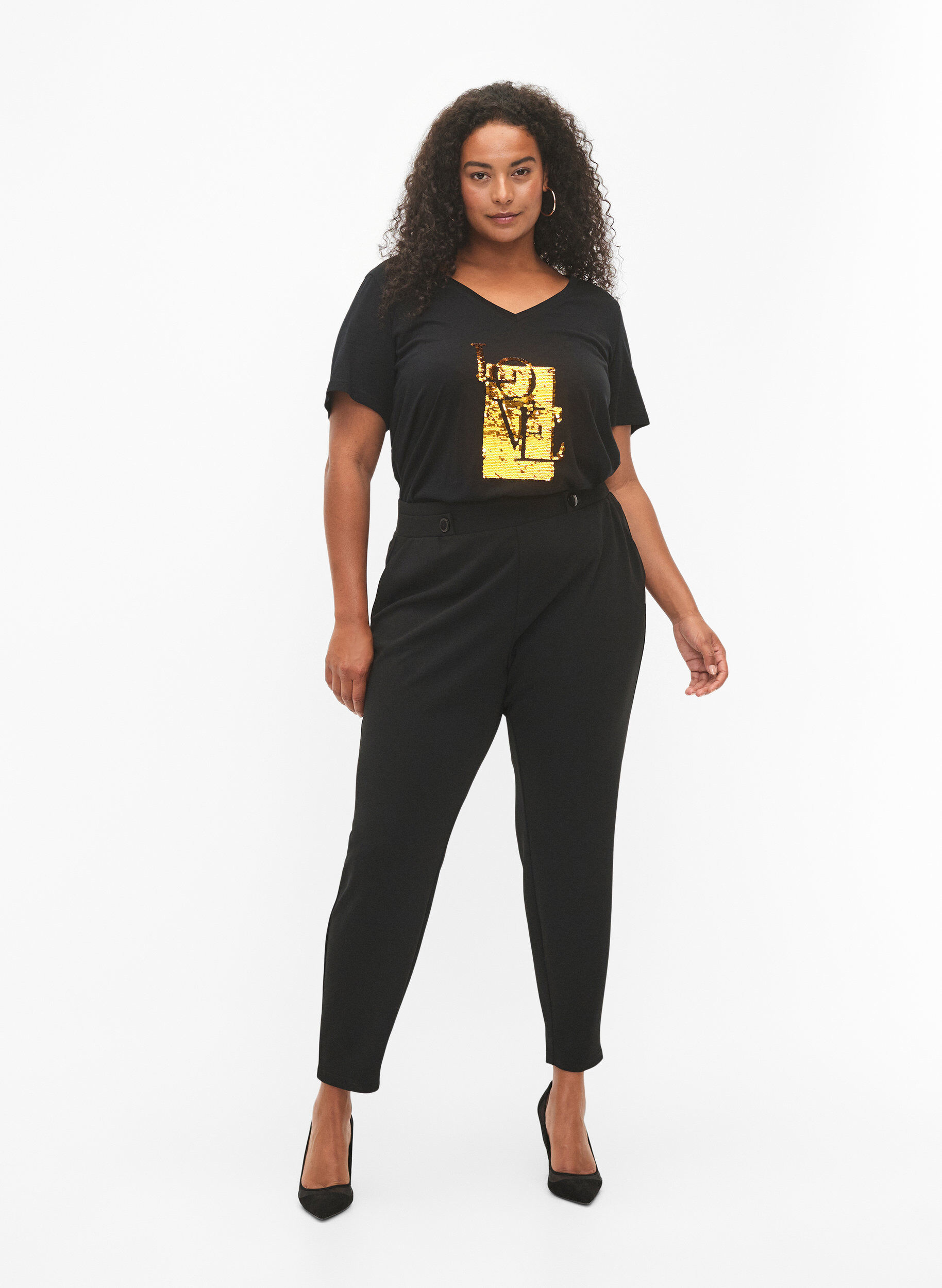 Zizzi Pantalon avec poches et boutons fantaisie, Noir, Model image number 0