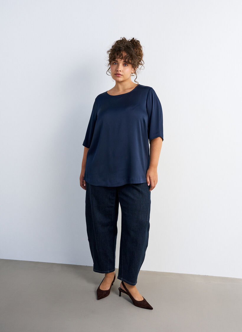 Blouse en satin &agrave; manches au coude, Bleu, Model image number 1