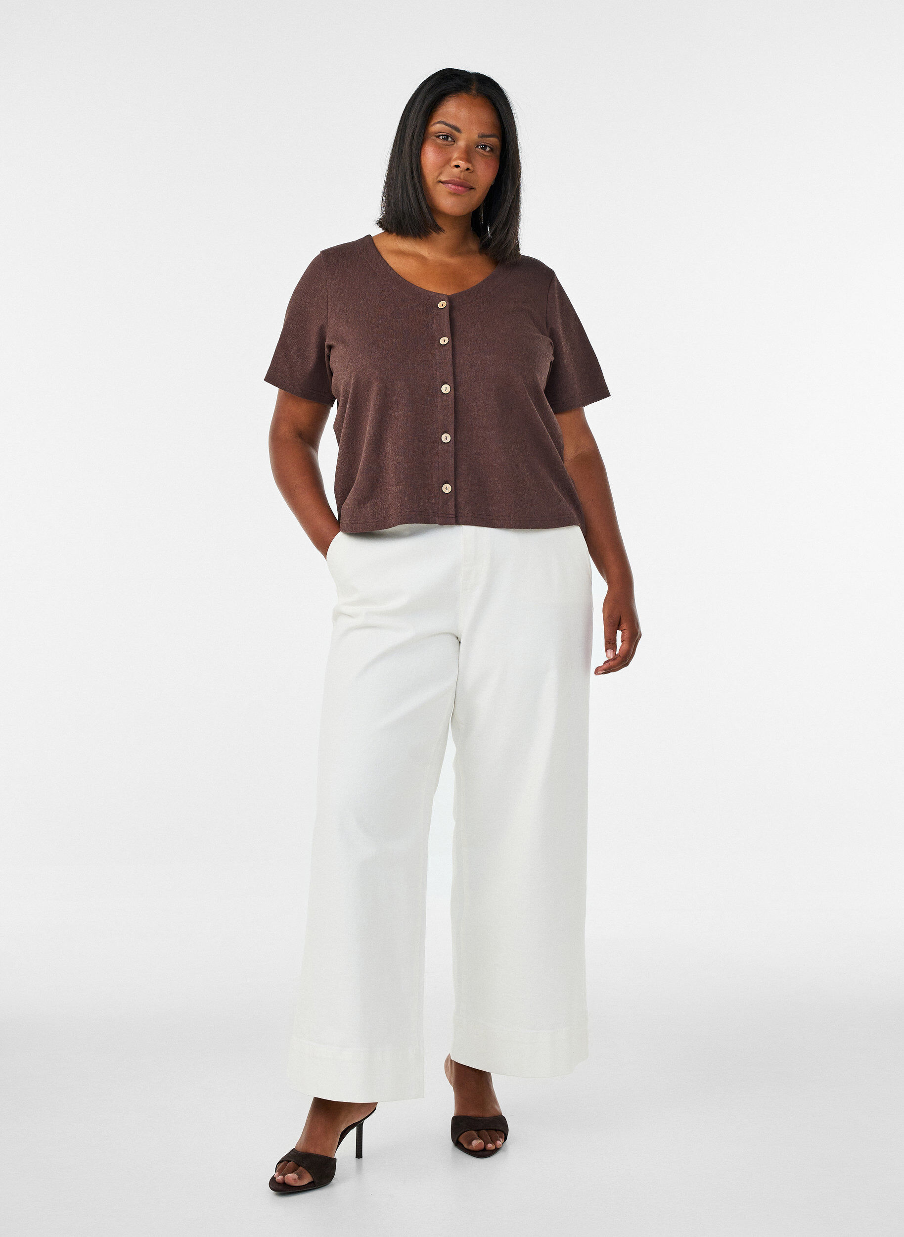 ZizziBlouse en coton textur&eacute; avec fermeture &agrave; boutons, Marron, Model image number 1