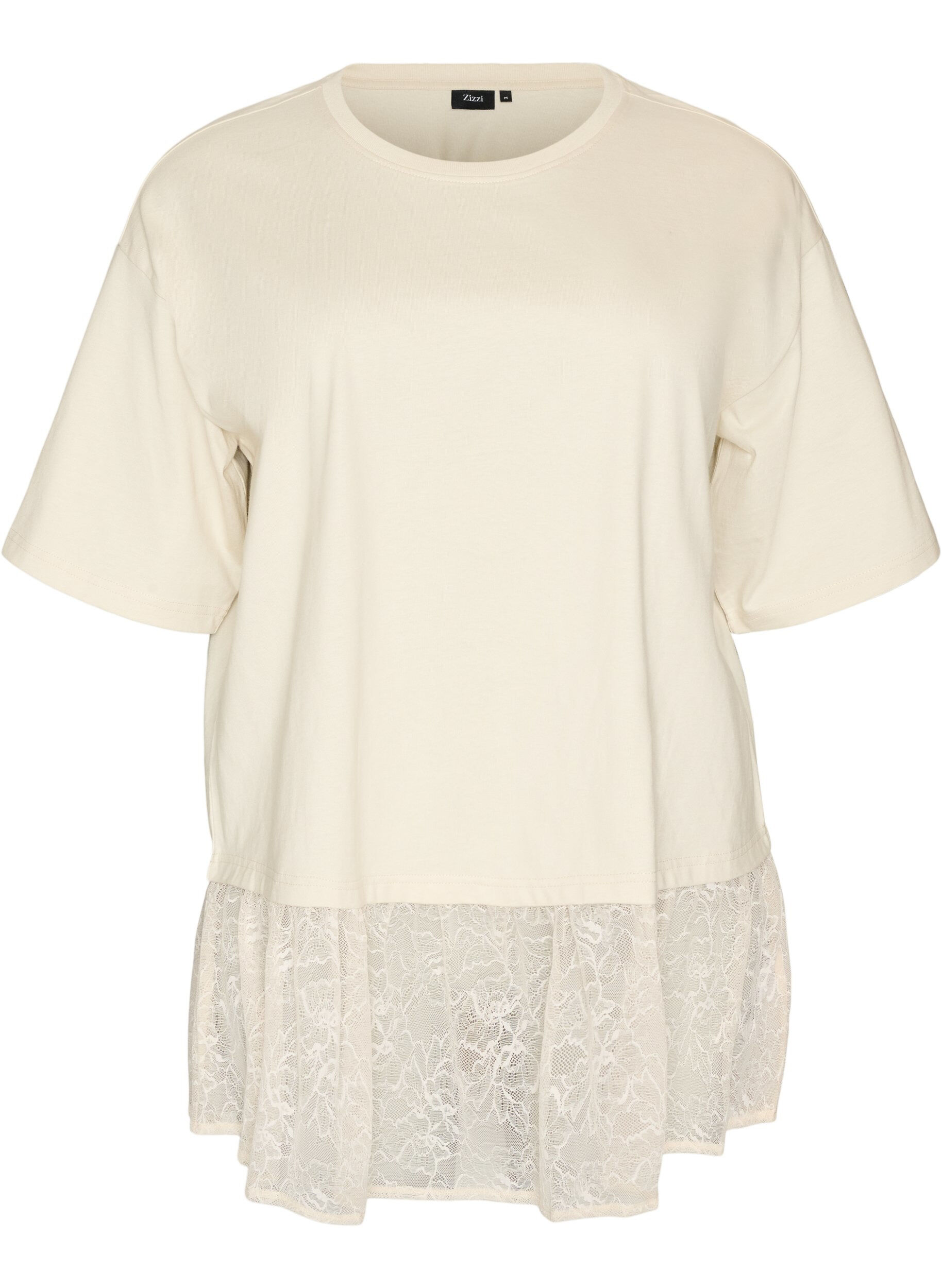ZizziT-shirt ample avec large bordure en dentelle, Vanille, Packshot image number 0