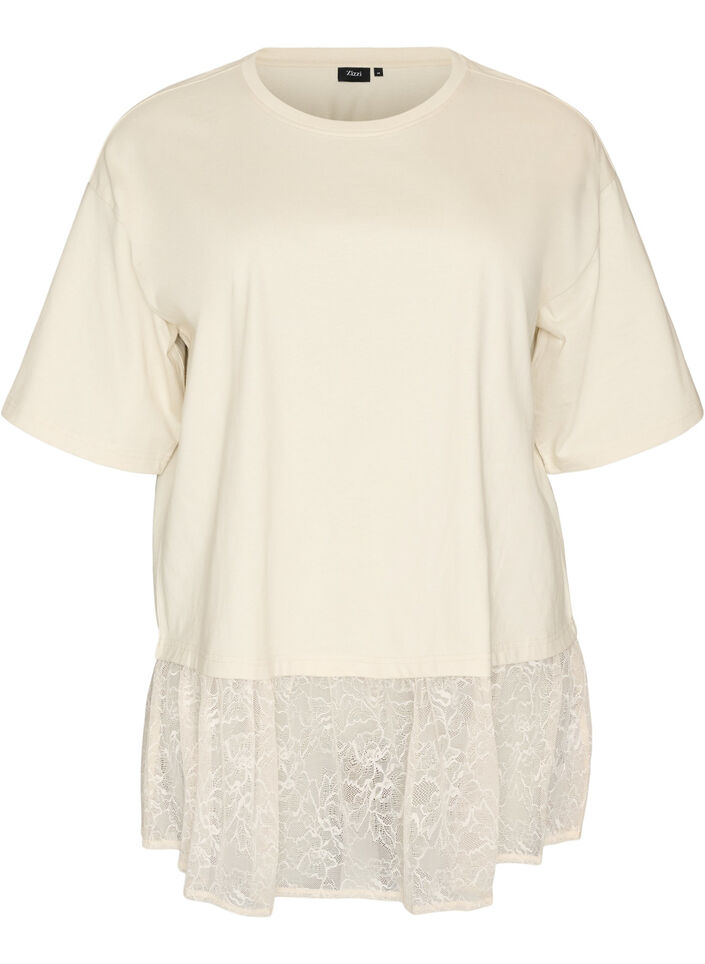 T-shirt ample avec large bordure en dentelle, Vanille, Packshot image number 0