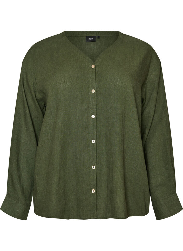Blouse en lin et viscose avec col en V, Vert, Packshot image number 0