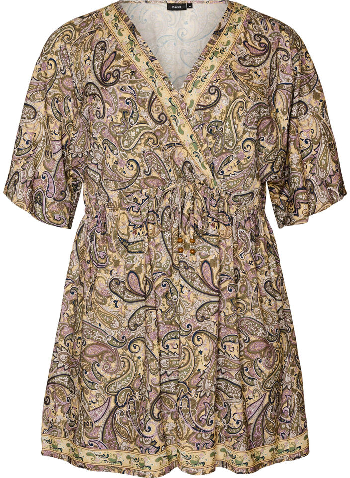Tunique en viscose &agrave; imprim&eacute; cachemire et lien &agrave; nouer, Jaune, Packshot image number 0