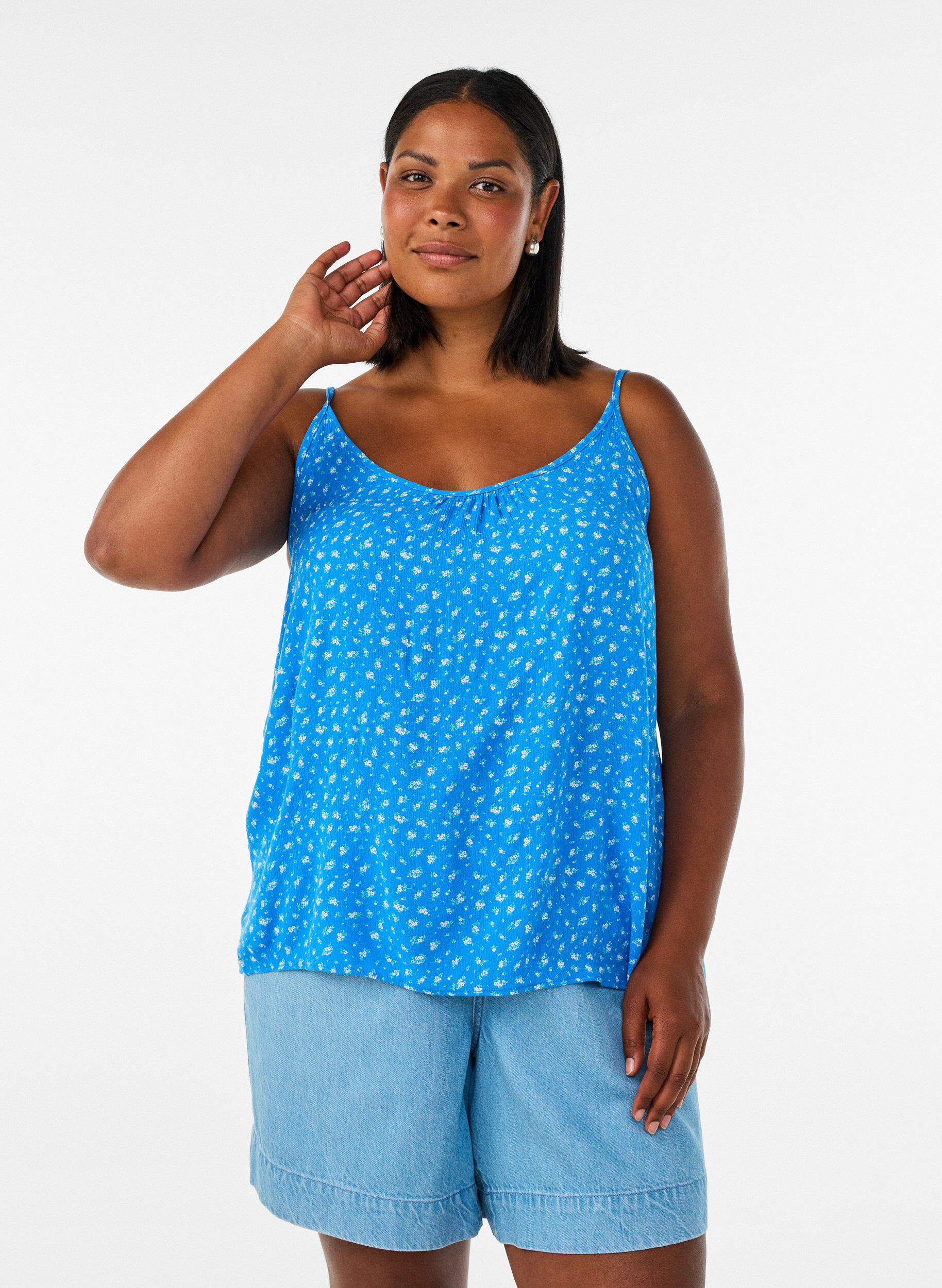 Top &agrave; bretelles en viscose, Bleu, Model