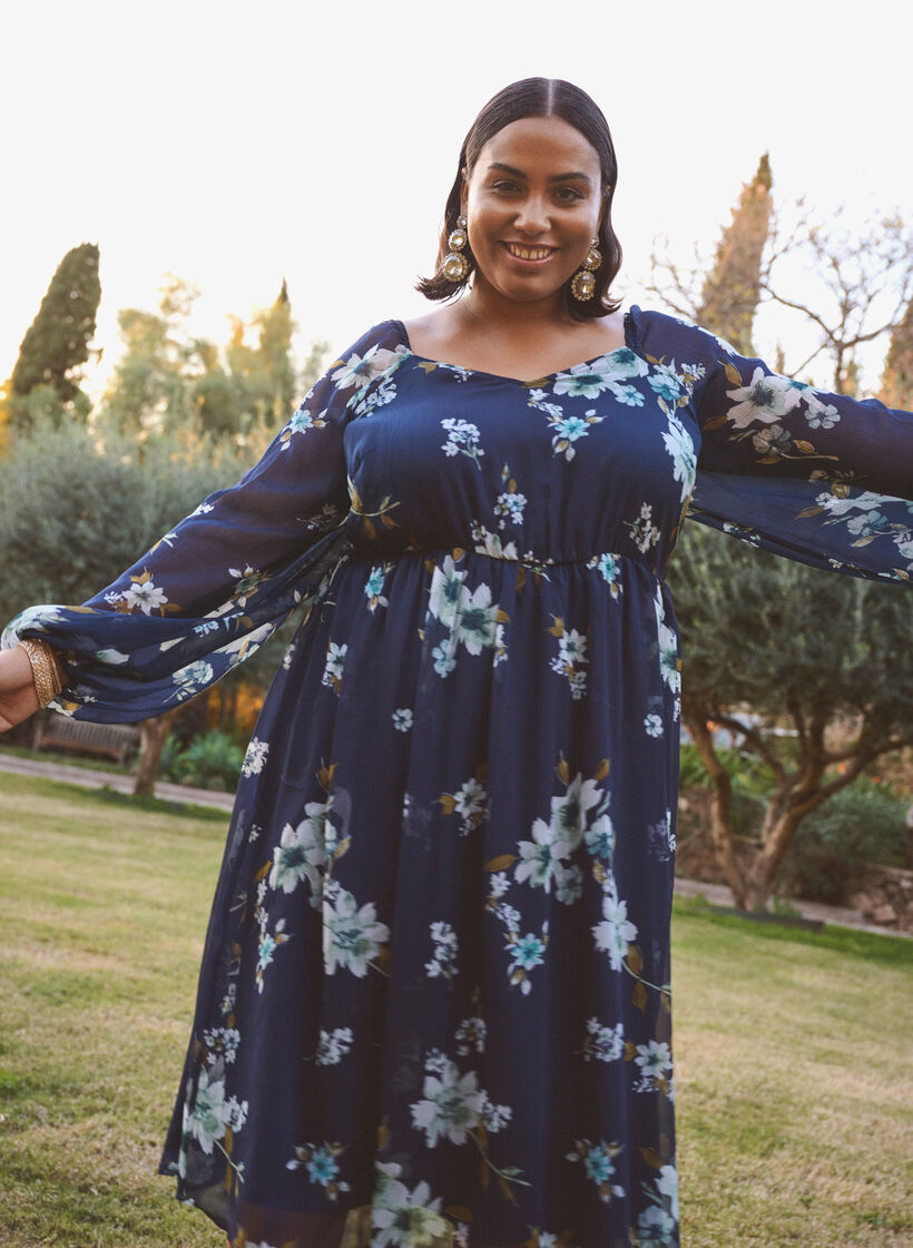 Robe de soirée en mousseline à manches longues, Bleu, Image image number 0