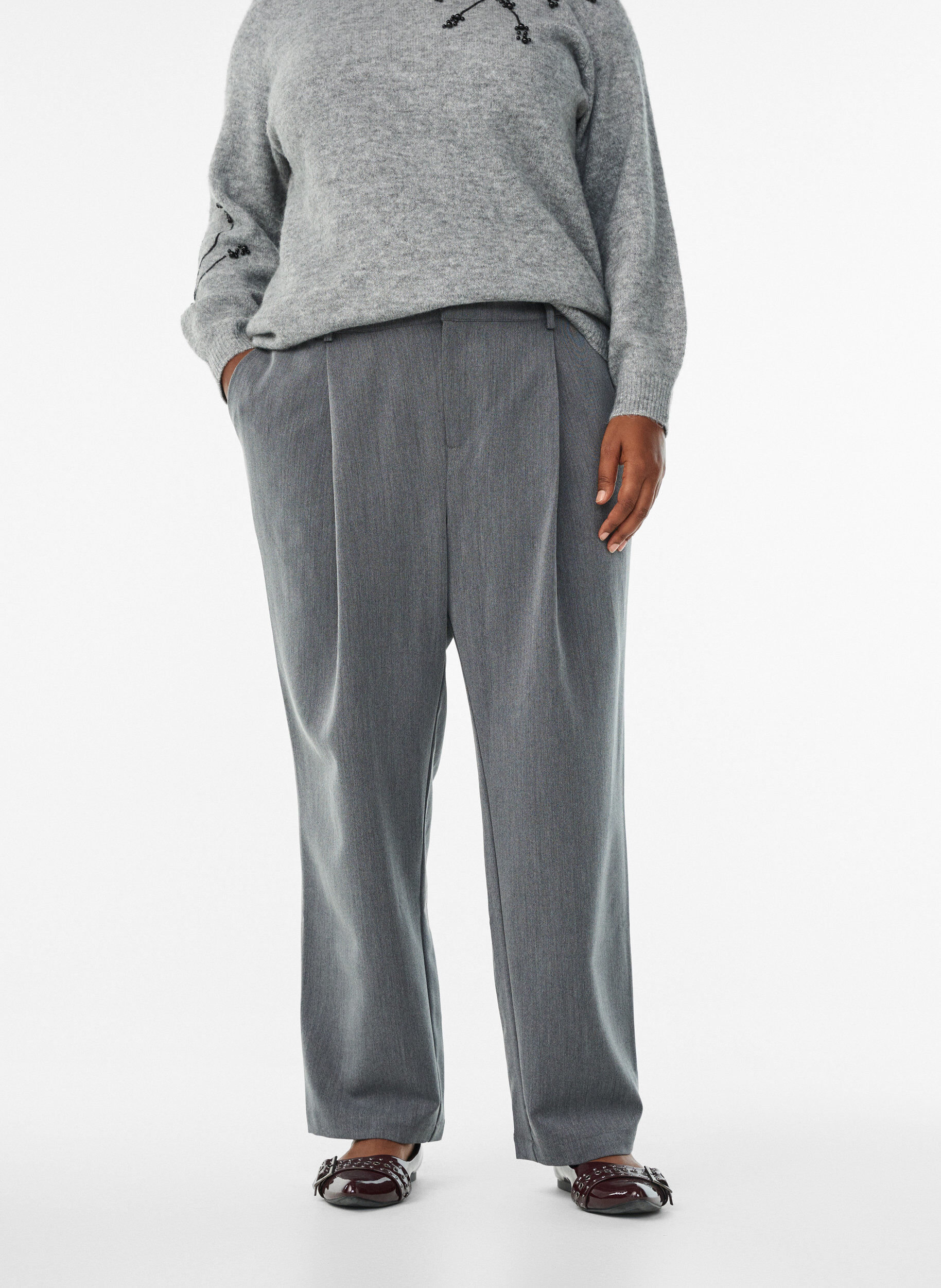 Zizzi Pantalon tailleur taille haute &agrave; coupe droite, Gris anthracite, Model image number 2