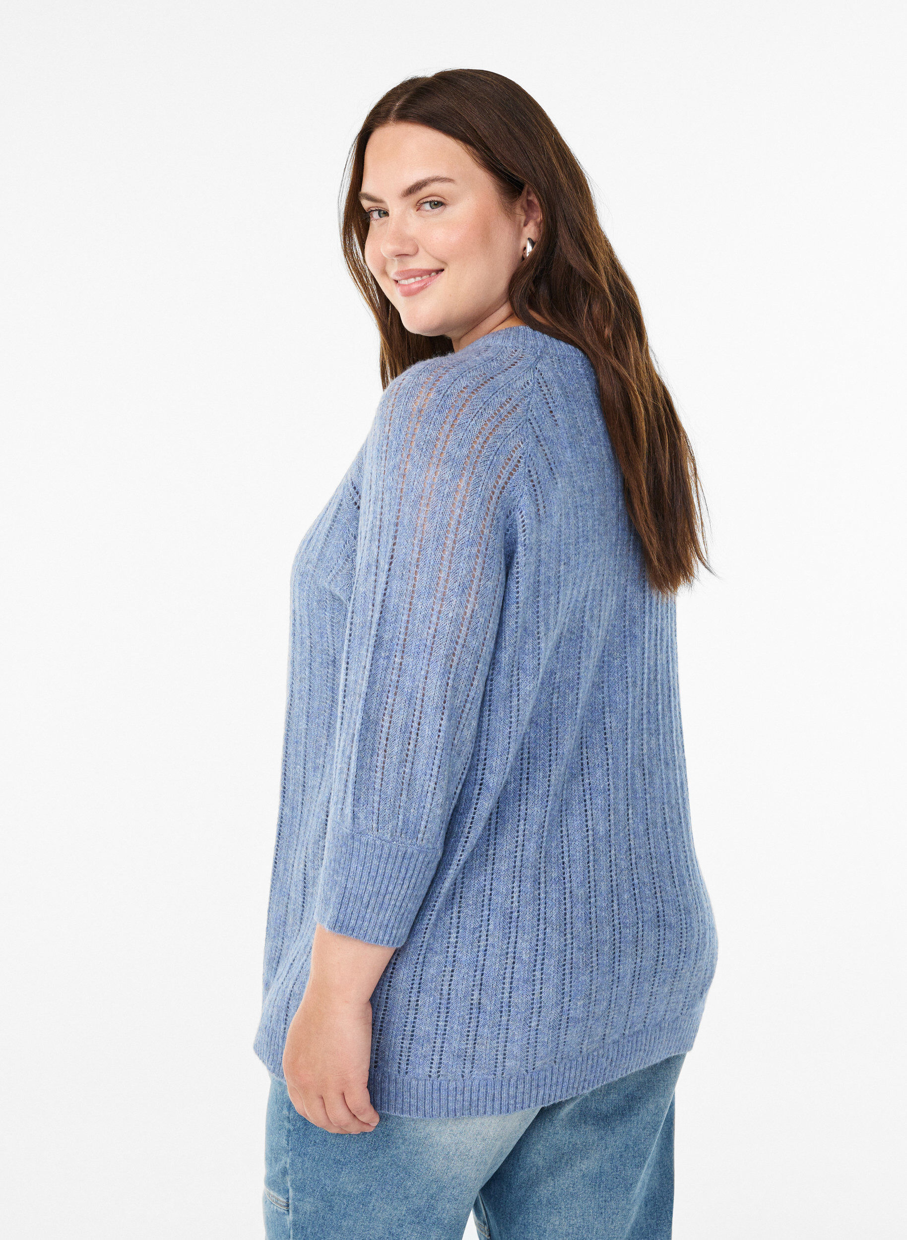 Zizzi Blouse en maille l&acirc;che avec manches 3/4 et motif ajour&eacute;, Bleu, Model image number 2