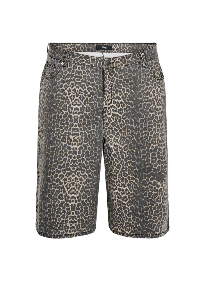 Bermuda en jean avec imprim&eacute; l&eacute;opard, Marron, Packshot image number 0