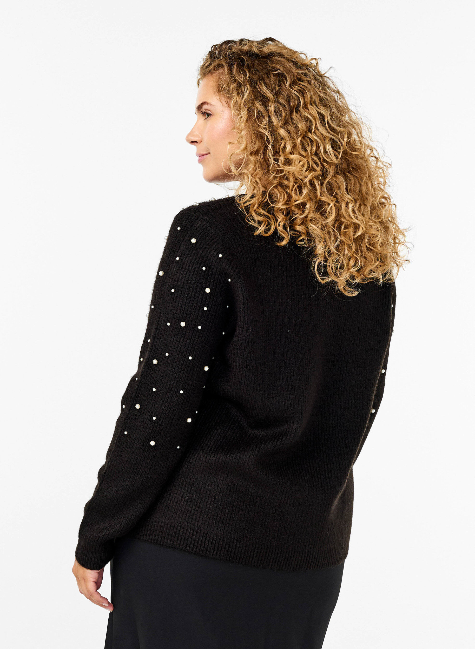 Zizzi Cardigan en tricot avec des perles, Black White Pearls, Model image number 1