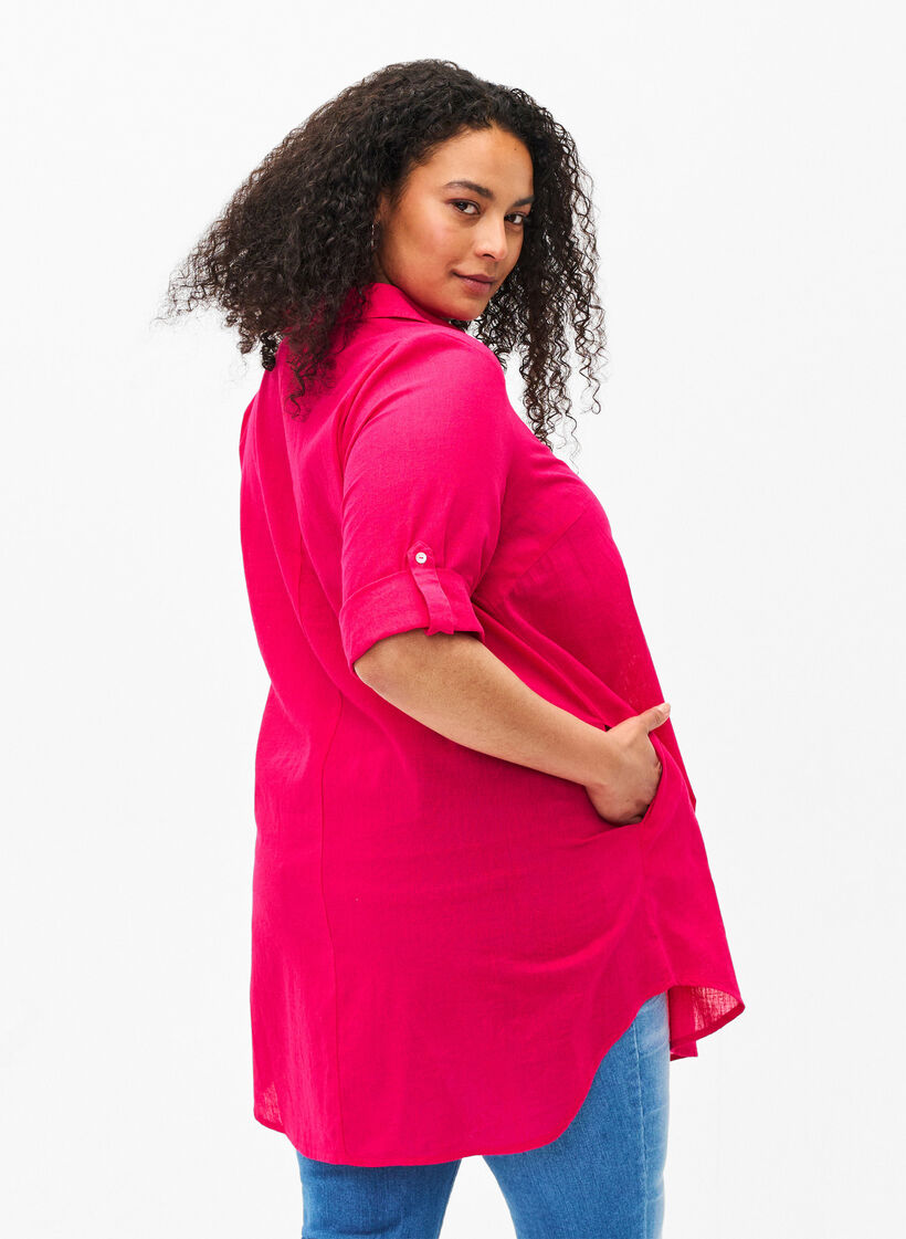 Tunique à manches courtes en coton mélangé avec du lin, Bright Rose, Model image number 1