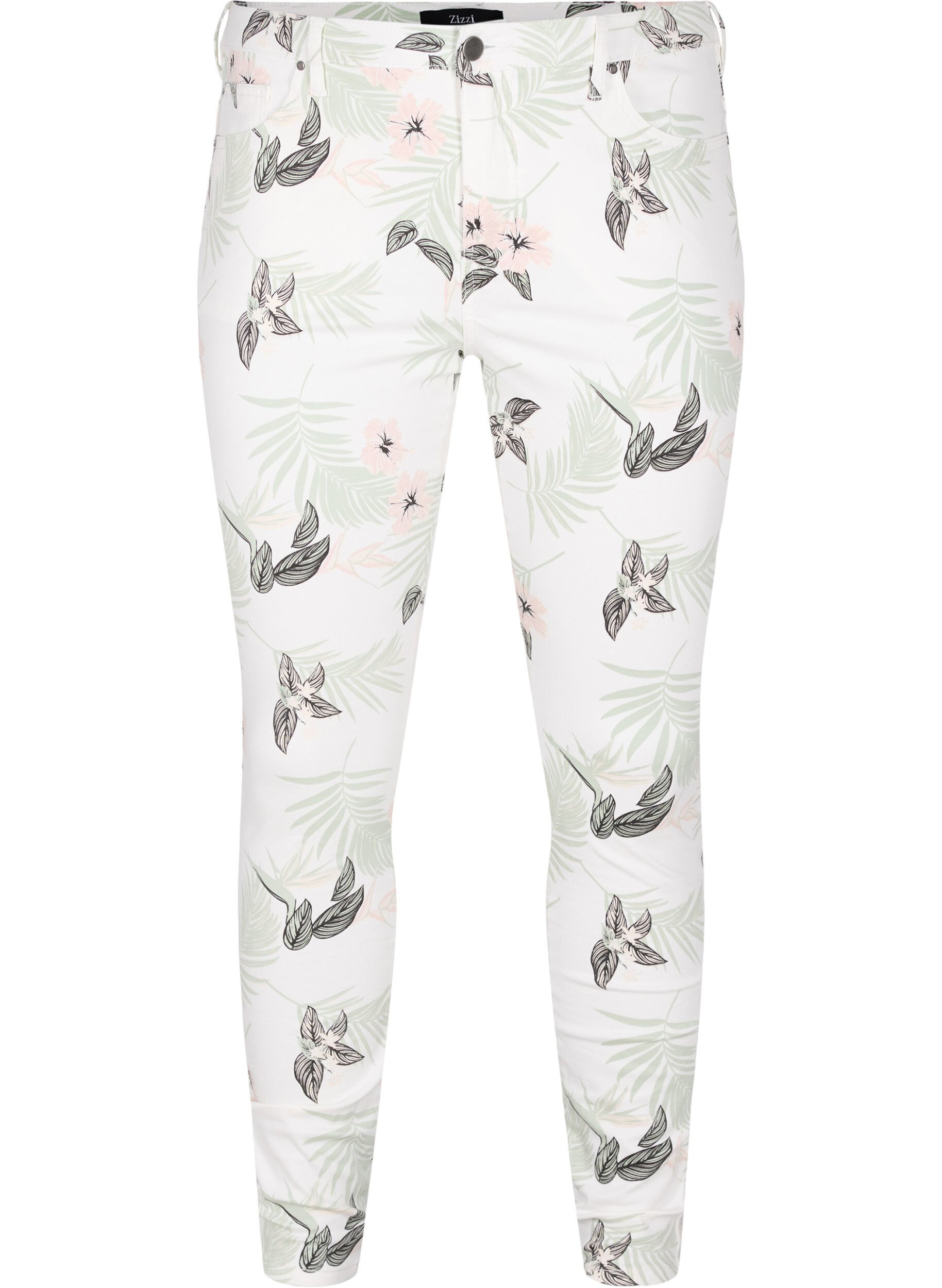 Zizzi Jean Amy &agrave; taille haute et imprim&eacute; floral, White Flower AOP L78, Packshot image number 0