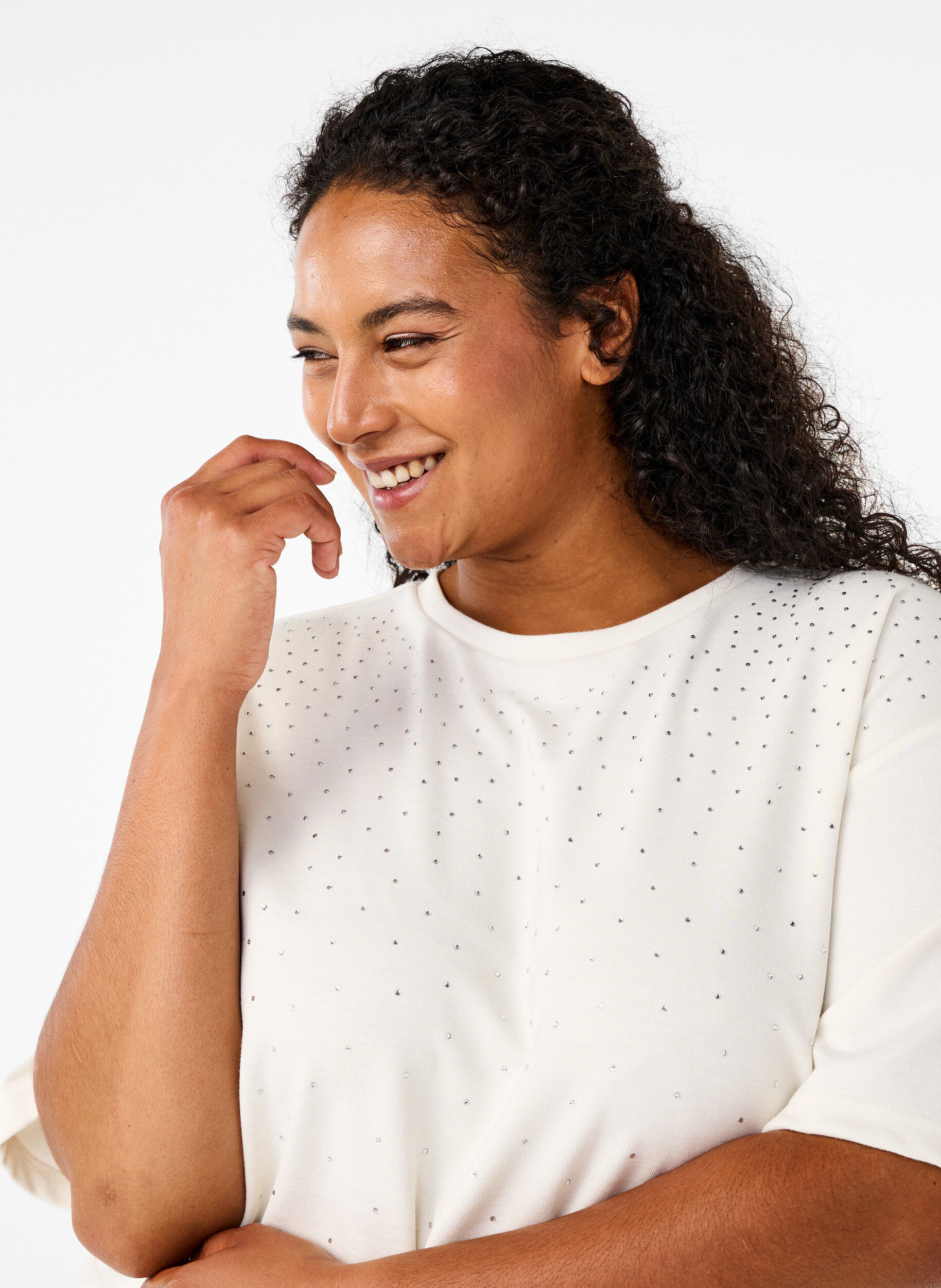 Zizzi T-shirt avec strass et col rond, Blanc, Model image number 3