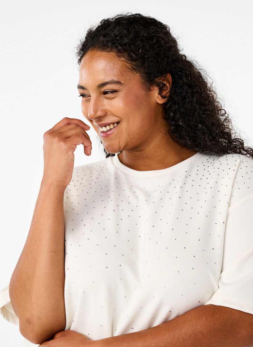 T-shirt avec strass et col rond, Blanc, Model image number 3