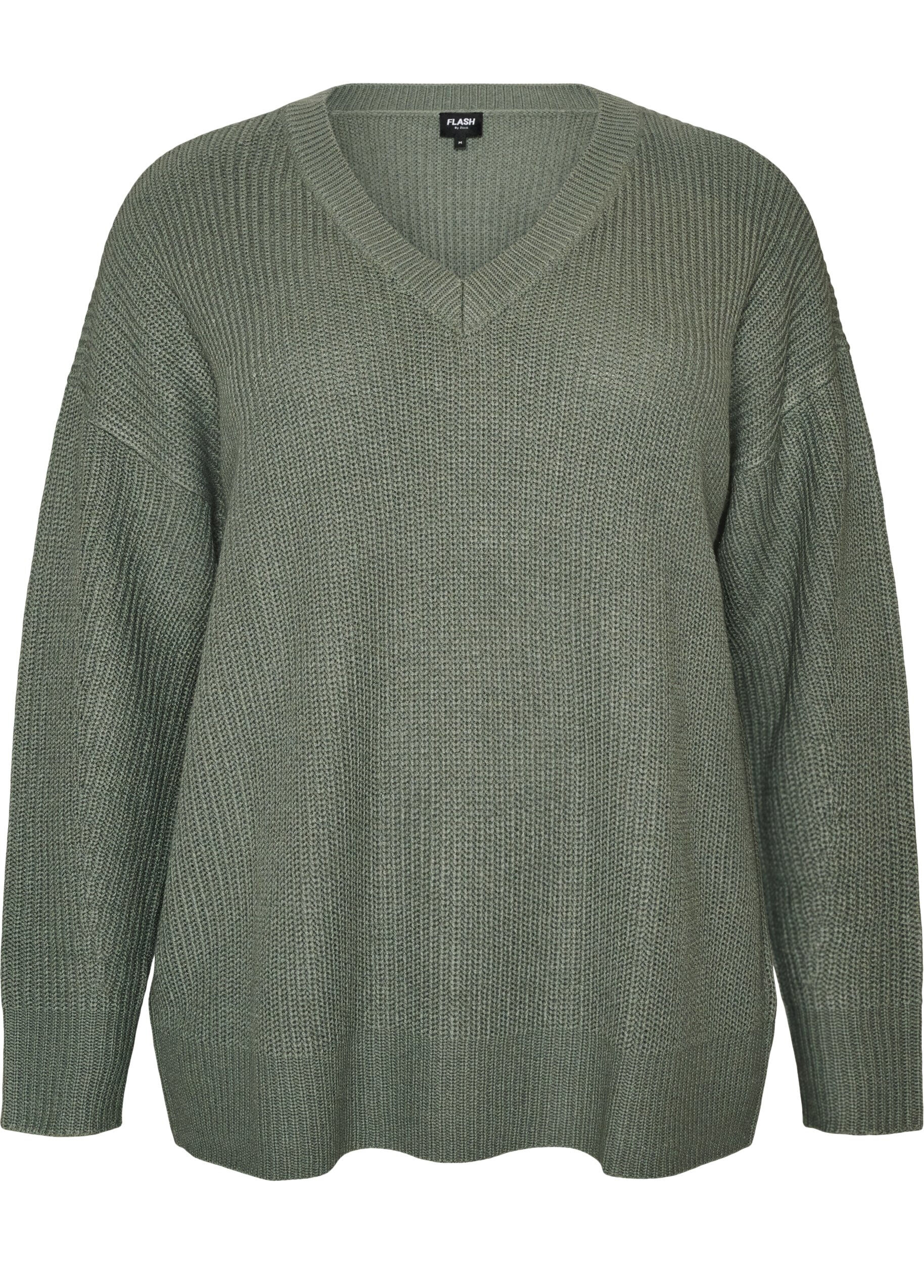 Blouse longue en maille c&ocirc;tel&eacute;e avec col en V