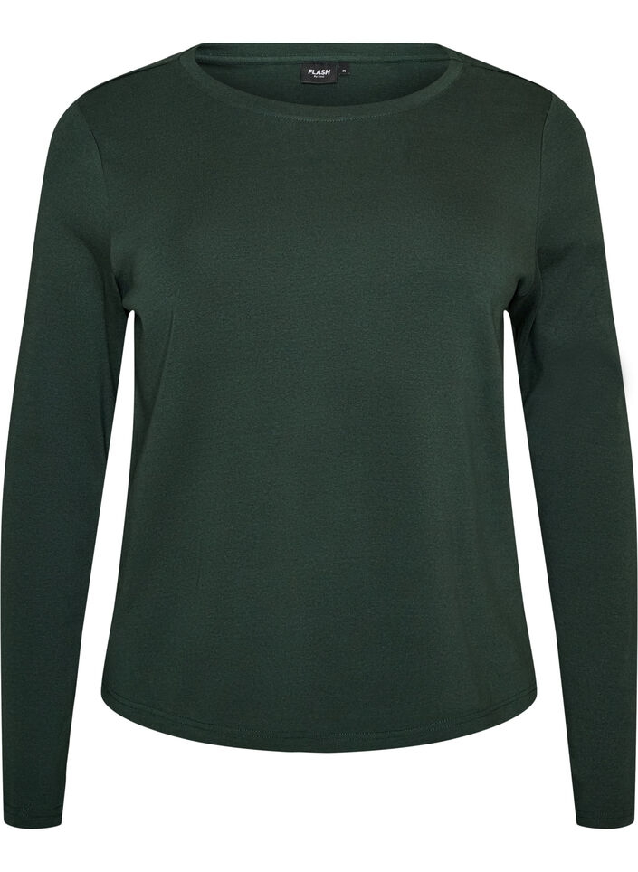 T-shirt basique &agrave; manches longues et col rond, Vert fonc&eacute;, Packshot image number 0