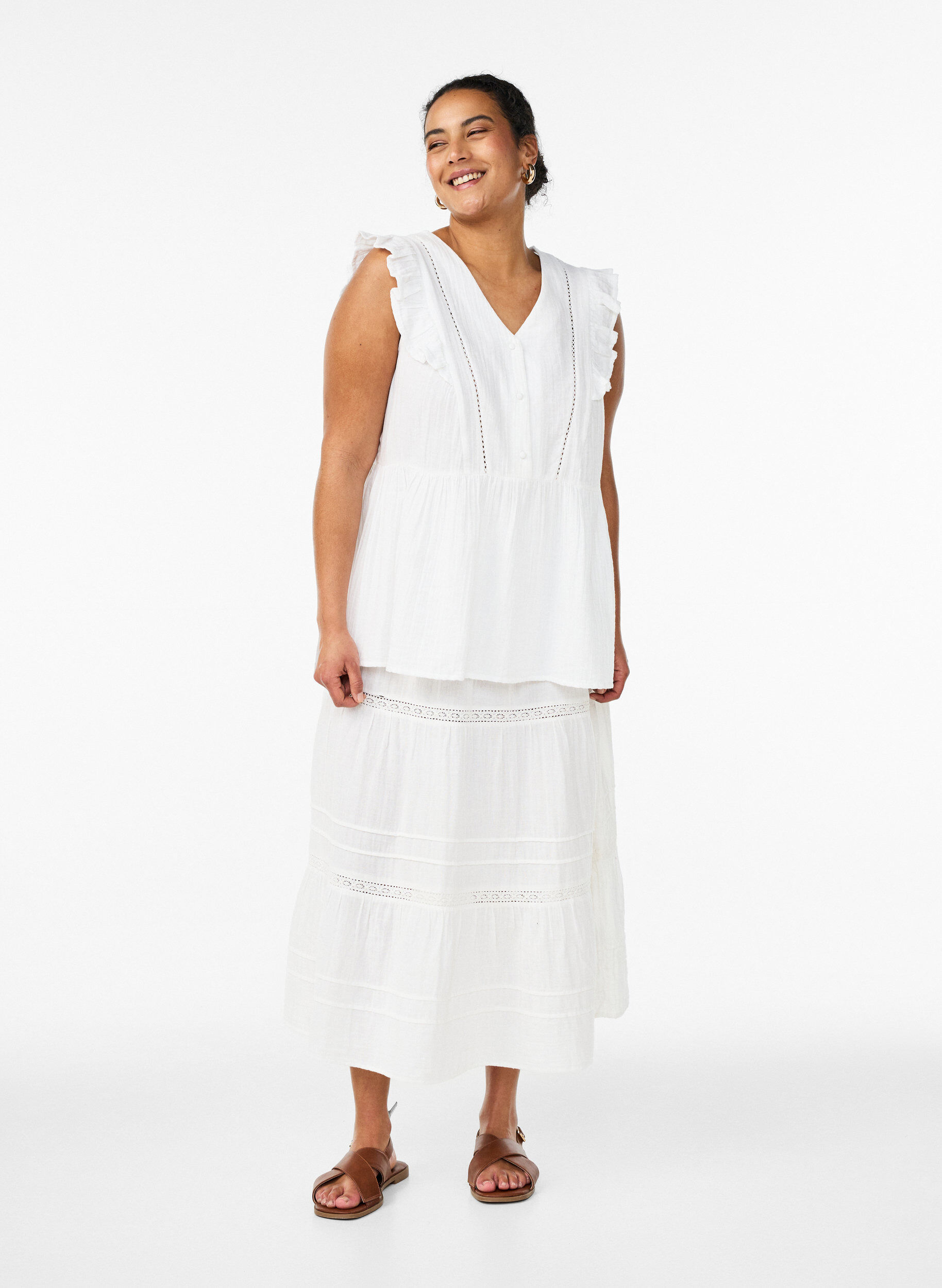 ZizziBlouse sans manches en mousseline de coton avec volants, Blanc, Model image number 1