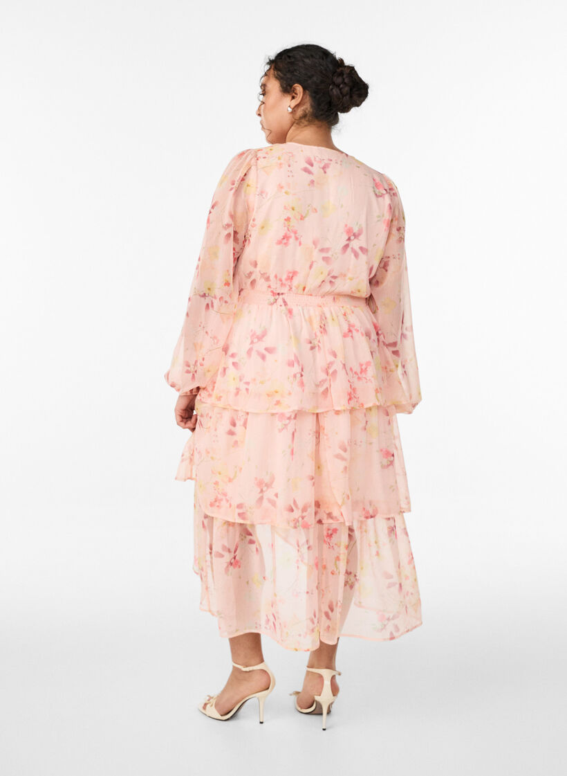 Robe midi &agrave; fleurs en mousseline avec taille smock&eacute;e, Orange clair, Model image number 1