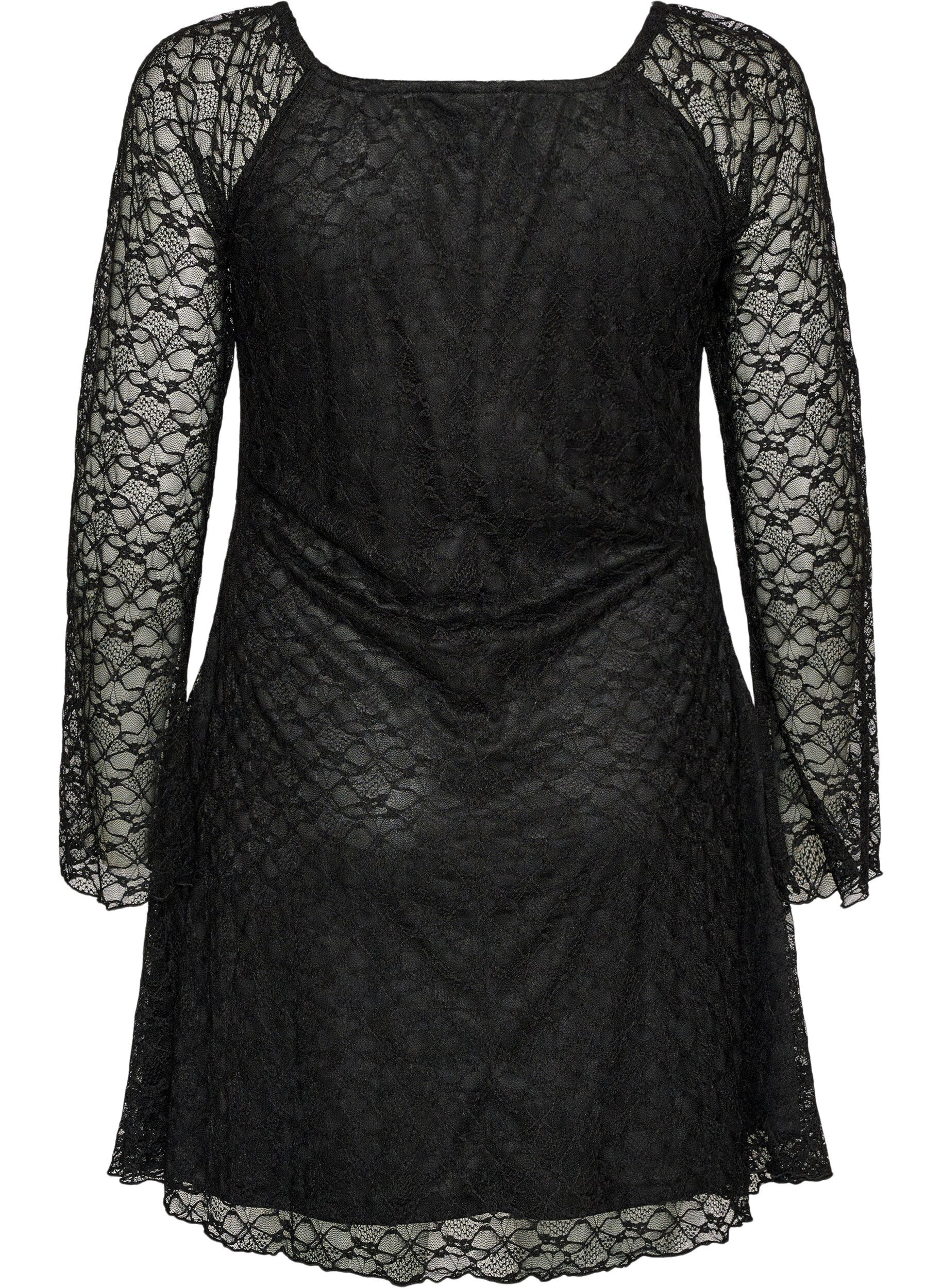 ZizziRobe en dentelle avec manches trompette et coupe &eacute;vas&eacute;e, Noir, Packshot image number 1