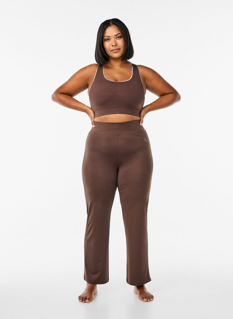 Brassière de sport à dos nageur avec finitions contrastantes, Marron, Model image number 1