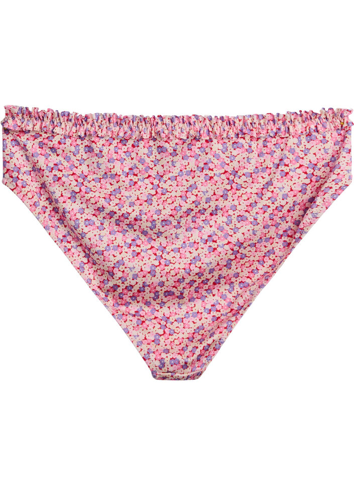 Bas de bikini tai à imprimé floral avec bord froncé, Rose, Packshot image number 1