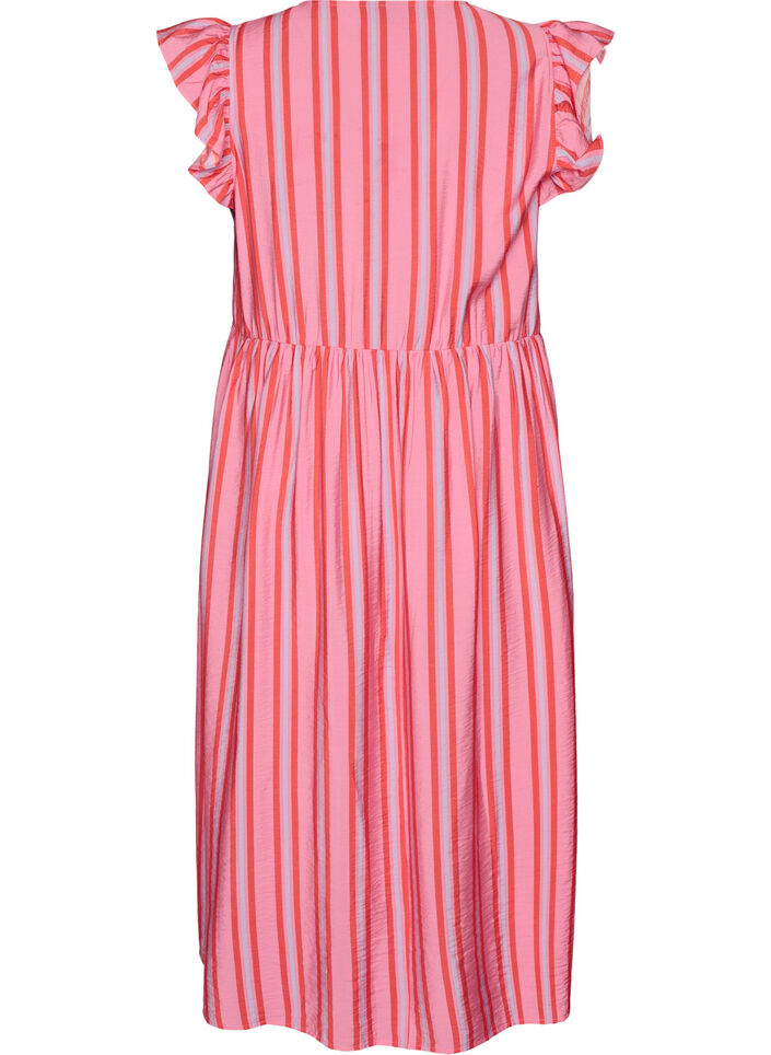 Robe midi &agrave; rayures avec coupe empire et volants, Rose, Packshot image number 1