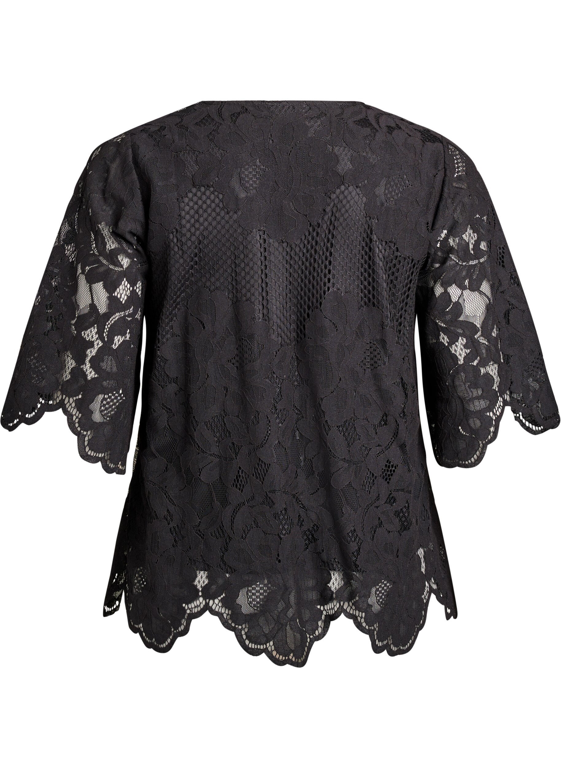 Zizzi Blouse en dentelle avec col en V et manches mi-longues, Noir, Packshot image number 1