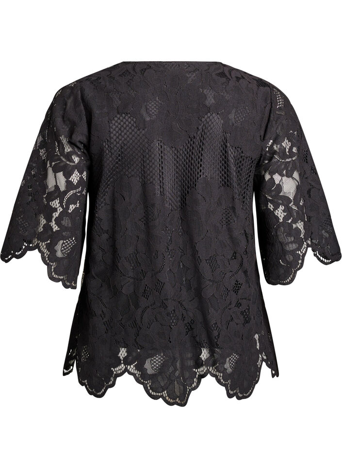 Blouse en dentelle avec col en V et manches mi-longues, Noir, Packshot image number 1