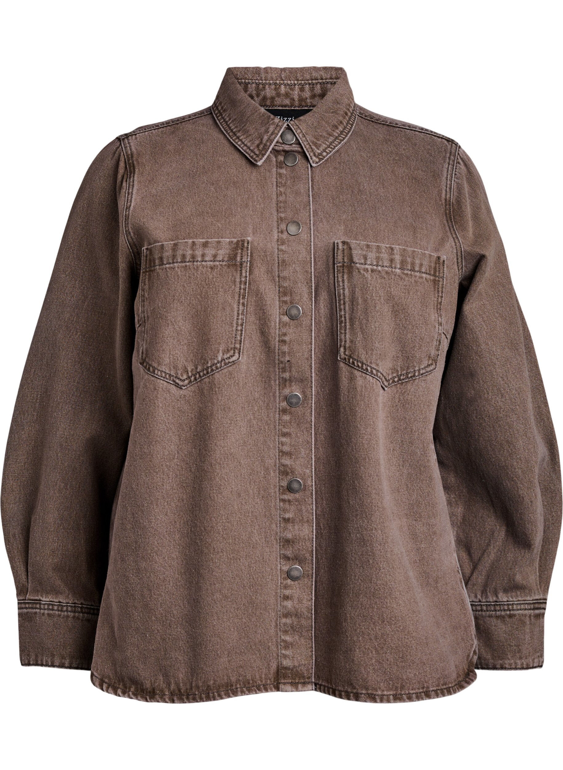 Zizzi Chemise en jean color&eacute; avec poches poitrine, Marron, Packshot image number 0