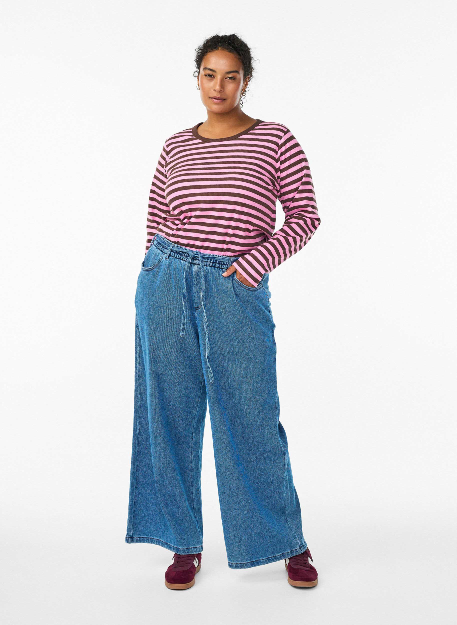 Zizzi Chemisier &agrave; rayures et &agrave; manches longues, Bordeaux fonc&eacute;, Model image number 1