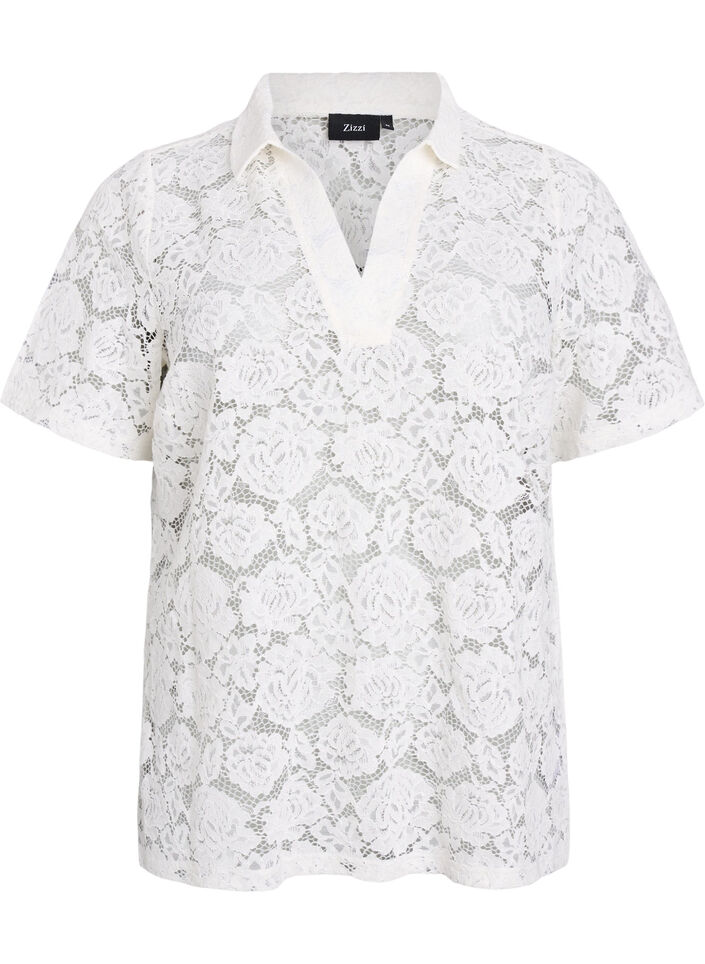 Chemisier en dentelle avec un col et un décolleté en V, Vanille, Packshot image number 0