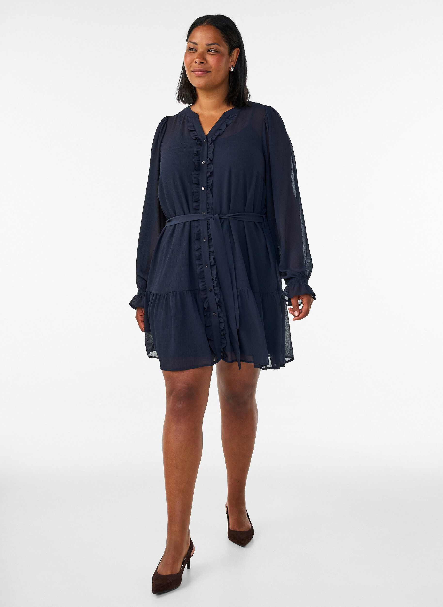 ZizziRobe courte avec volants et ceinture &agrave; nouer, Bleu, Model image number 1
