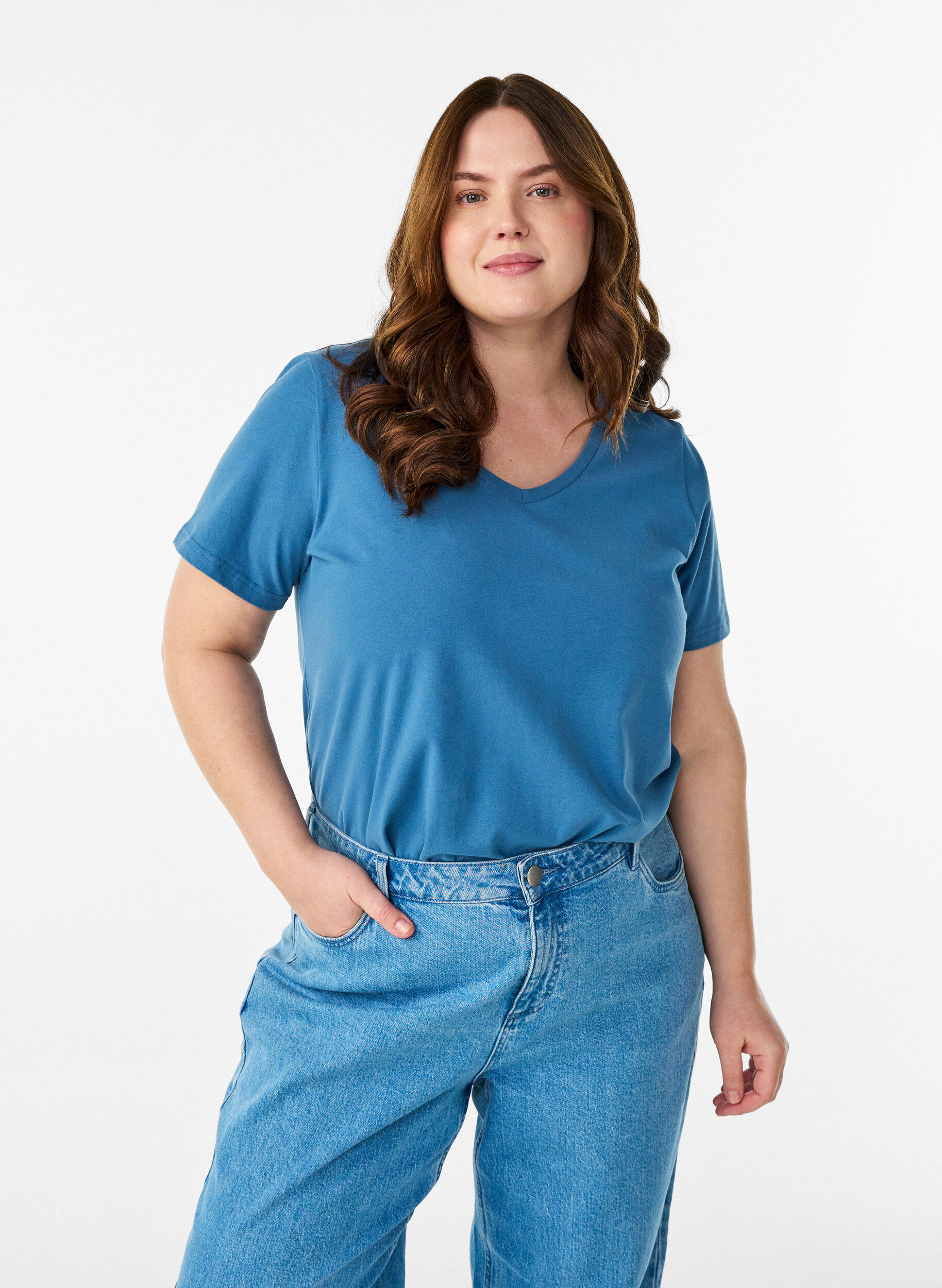 ZizziT-shirt Basic uni en coton, Gris bleut&eacute;, Model image number 0