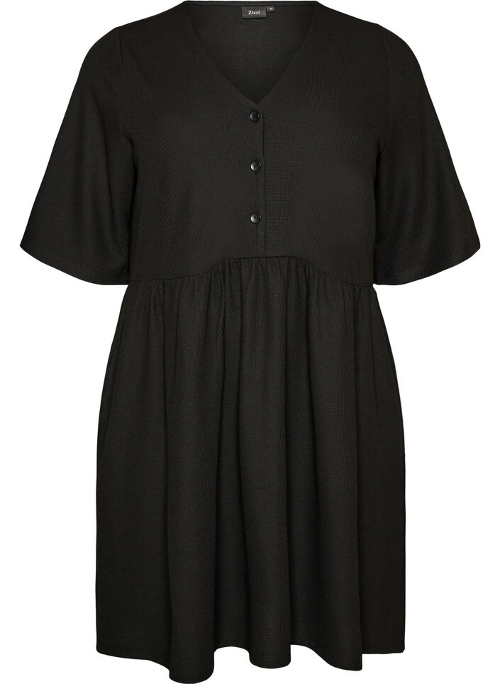 Robe avec texture c&ocirc;tel&eacute;e et taille empire, Noir, Packshot image number 0