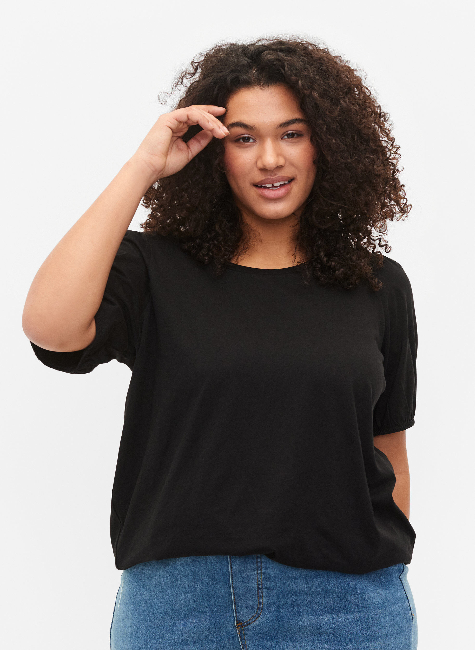 Zizzi T-shirt en coton avec manches 2/4, Black, Model image number 0